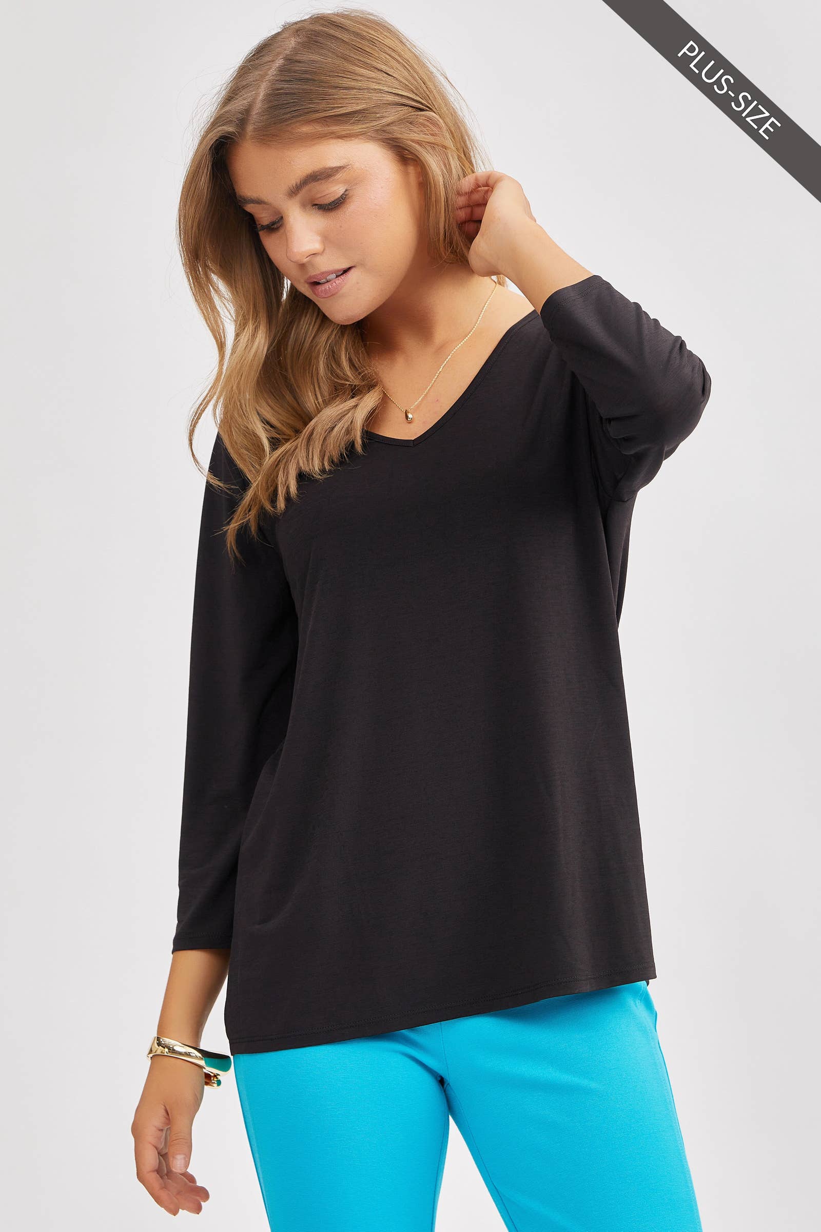 Plus Size Signature Classic V-Neck Top – Wrinkle-Free 3/4 Sleeve Stretch Blouse